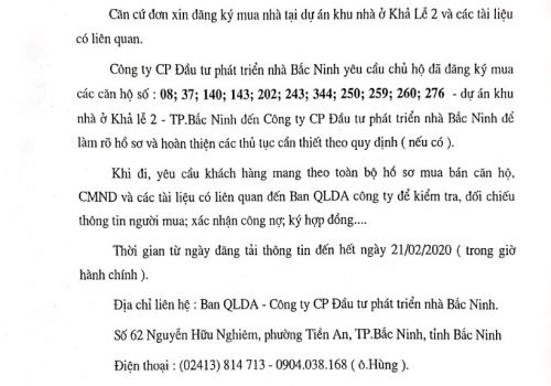 Thông báo cập nhật thông tin khách hàng và hoàn thiện hồ sơ mua bán nhà
