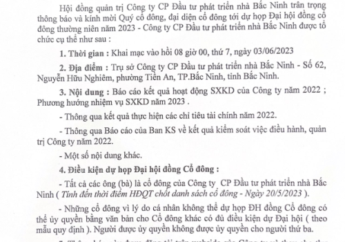 THÔNG BÁO MỜI HỌP ĐẠI HỘI ĐỒNG CỔ ĐÔNG THƯỜNG NIÊN NĂM 2023